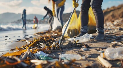 volunteers in a beach clean-up, an impactful visual for social awareness projects or ecological volunteer recruitment efforts.