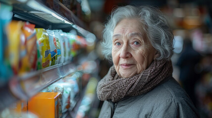 Elderly woman shopping for groceries.