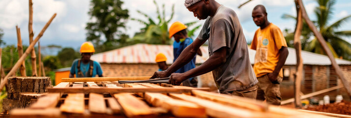 A group of volunteers constructing a house for poor in a tropical location, emphasizing community development and skill sharing in voluntourism.