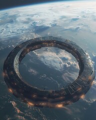 Orbiting Habitat Ring, SciFi, Space Photography, Circular Space Colony Environment , high contrast