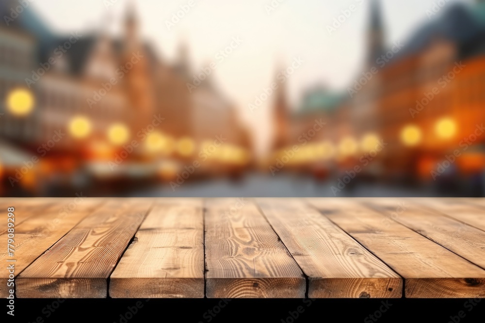 Poster the empty wooden table top with blur background of town square. exuberant image. generative ai
