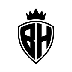 BH Letter monogram shield and crown outline shape with black and white color design