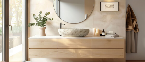 A modern, minimalist bathroom with light wood, a round mirror above an oval stone sink, soft natural lighting, eucalyptus vases, and warm tones ideal for a serene morning routine