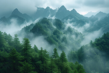 Mountain landscape with fog and pine trees in Huangshan, China