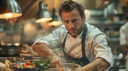Mature male chef cooking in a restaurant kitchen