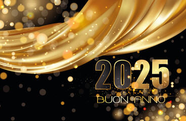biglietto o striscione per augurare un felice anno nuovo 2025 in nero e oro con un drappeggio di tessuto color oro su sfondo nero con cerchi effetto bokeh - obrazy, fototapety, plakaty