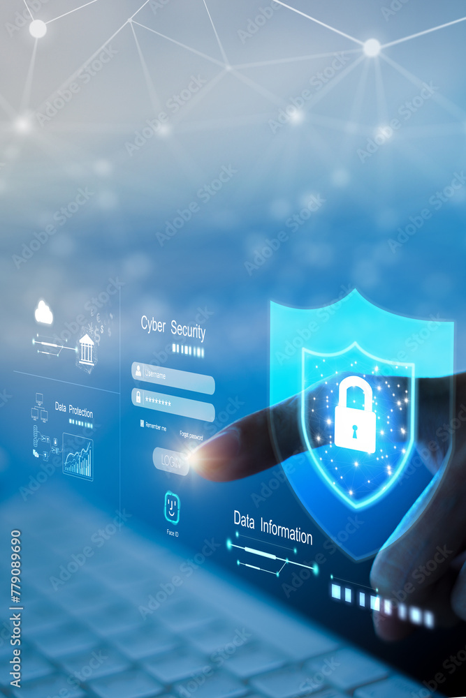 Poster businessperson using is using laptop for cyber security protection.cyber security concept, user priv