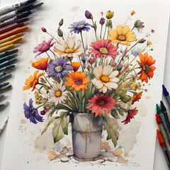 Marble and Wooden Backgrounds Adorned with Roses and Bunch Flowers