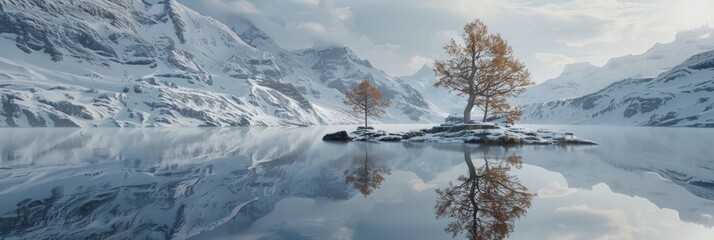 Hyperrealistic alpine landscape  snowy lake reflects two trees in crystal clear water