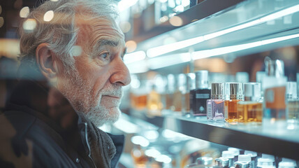 Senior man browsing in a perfumery store. - obrazy, fototapety, plakaty