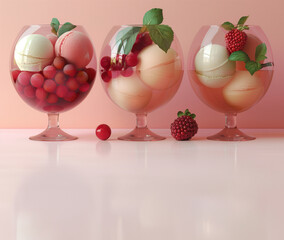Close up of tasteful glasses of fruit salad and ice cream topped with a mint, strawberry and raspberry. Advertisement with glass of fruity dessert, vegan summer cocktail. Presentation with copy space