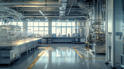 Obraz premium A state-of-the-art biotech pilot plant with specialized equipment and quality control stations, momentarily quiet but ready to test and optimize biologic manufacturing processes