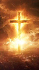 A shining cross emitting divine golden light in a mystical atmosphere. Concept of Faith and Spirituality, Easter, Exaltation, religious holidays. Vertical frame