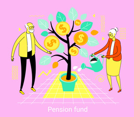 People characters investing money in pension fund. Retirement fund. Seniors saving money for retirement.