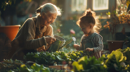 a happy old grandmother and granddaughter watering a small urban garden with lettuce and other vegetables with a watering can on a spring morning.generative ai