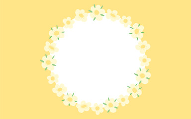 Circular floral frame with white flowers on a sunny yellow background, ideal for spring-themed designs, invitations, and greeting cards.