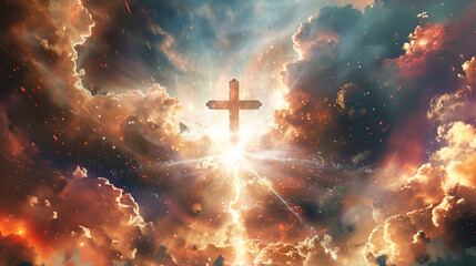 Shining cross emitting divine golden light in the sky with menacing clouds, mystical atmosphere. Concept of Faith and Spirituality, Easter, Exaltation, religious holidays. Horizontal frame