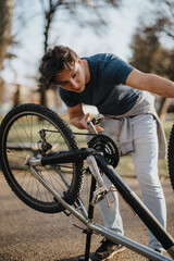Fototapeta premium Focused man fixing mountain bike chain, captured in a park during sunny day