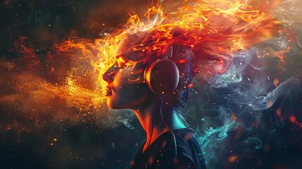 Fototapeta premium Person in headphones, lost in music, engulfed by a vibrant fiery creative explosion.