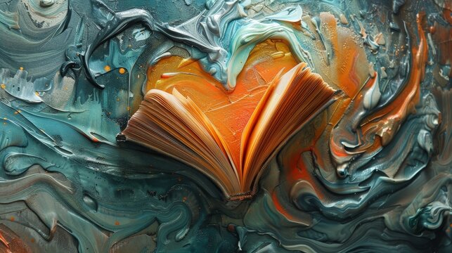 Poetry flows into an abstract heart, a visual metaphor for the love of reading and feeling verse.