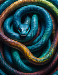 Fototapeta premium multicolored snakes coiled up in a spiral. Colorful snake background, wallpaper, backdrop, poster.