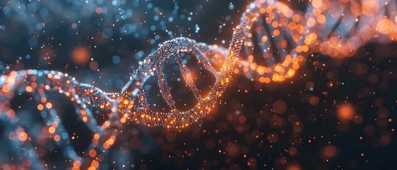 Fotobehang Glowing DNA Helix in Biotech Research. Concept Biotech Research, DNA Helix, Glowing, Scientific Investigation © Ян Заболотний