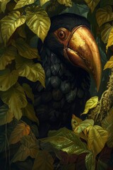 Naklejka premium Bird toucan in tropical green leaves. summer art poster 