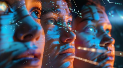 Close-up of three faces illuminated by a futuristic display, lights reflecting wonder and curiosity - obrazy, fototapety, plakaty