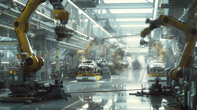 A busy automotive manufacturing plant with robotic arms and assembly lines, momentarily idle but poised to produce a vast array of vehicles