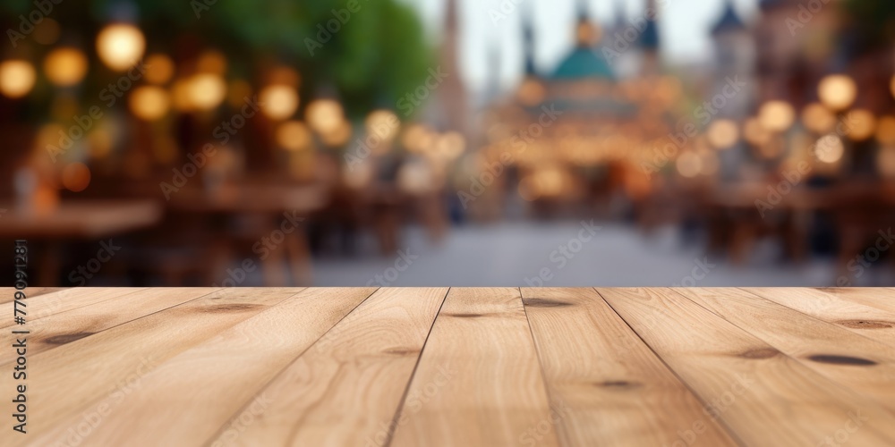 Poster the empty wooden table top with blur background of town square. exuberant image. generative ai