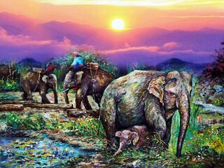 Art painting Oil color thai Elephant in forest	