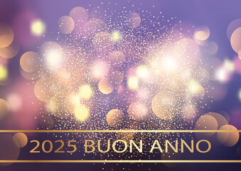 biglietto o banner per augurare un felice anno nuovo 2025 in oro su uno sfondo viola sfumato con cerchi effetto bokeh color oro