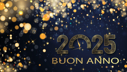 biglietto o banner per augurare un felice anno nuovo 2025 in oro lo 0 è un orologio su uno sfondo sfumato blu scuro con stelle e cerchi color oro con effetto bokeh