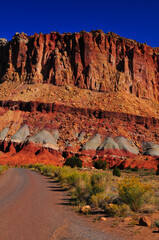 Colorful geological layers on the Scenic Drive of Capitol Reef National Park, Utah, Southwest USA.