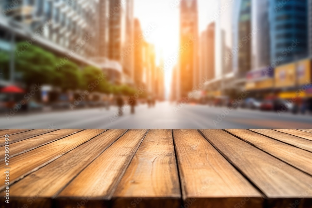 Poster the empty wooden table top with blur background of street in downtown business district with people 