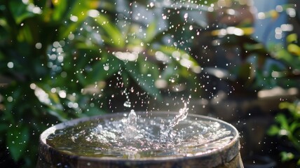 A rain barrel catching water falling from the sky, with raindrops splashing in the air and atop the drum.