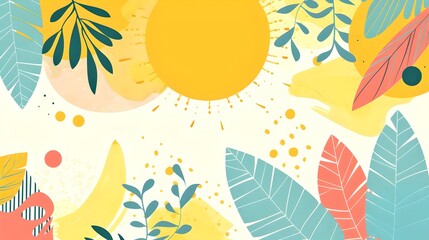 Vibrant abstract summer scene with sun and foliage. Colorful nature illustration. Modern flat design perfect for seasonal themes. AI - obrazy, fototapety, plakaty