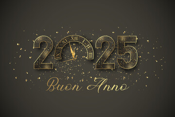 Biglietto o cerchietto per augurare un felice anno nuovo 2025 in grigio e oro Lo 0 è sostituito da un orologio su sfondo grigio con glitter dorati