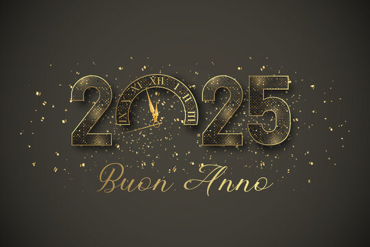 Biglietto o cerchietto per augurare un felice anno nuovo 2025 in grigio e oro Lo 0 è sostituito da un orologio su sfondo grigio con glitter dorati