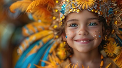 An image of a young boy in a vibrant carnival costume, his exuberance matching the festive, colorful setting around him 