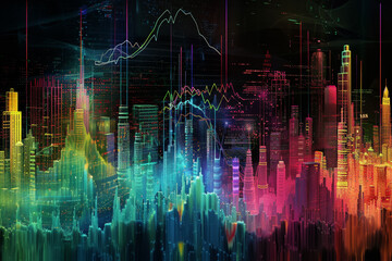 Fototapeta premium A city skyline is shown in a colorful, abstract style
