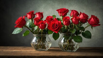 A glass vase of red roses sits on a wooden table.

