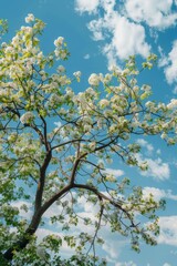 A tree that grows in nature Full of white flowers and green leaves. 