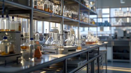 A bustling chemical analytical testing laboratory with advanced analytical instruments and validation equipment