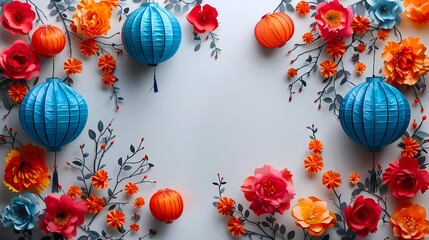 A white background adorned with colorful Basant decorations, such as ribbons, flowers, and paper lanterns