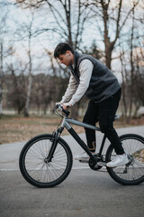 Teenage boy spends his free time riding a bicycle outdoors, embracing leisure and fitness.