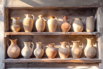 Clay crockery collection on shelves under sunlight. Display of craftsmanship demonstrating elegance and beauty of handmade clayware.