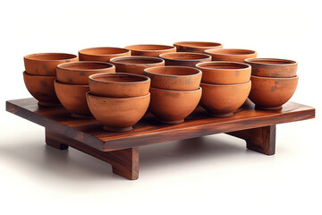 Collection of handmade clay pots on wooden stand with legs. Handcraft clay crockery imbues space with warmth and character of traditions.