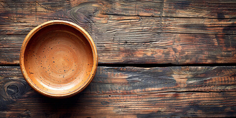 Brown empty clay bowl put on rustic wooden table. Earthy tones of pottery complement warms hue of morning meal creating visually pleasing tableau.