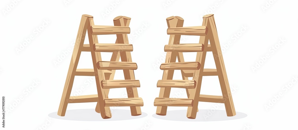 Poster two wooden ladders arranged in a parallel manner, creating a triangle shape on a white background. t